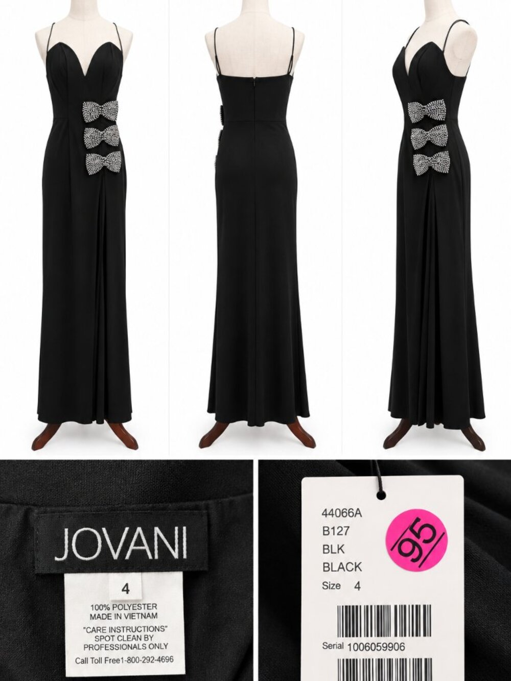 Jovani 44066 Black Crystal Bow Strapless High Slit Formal Gown Size 4 NWT